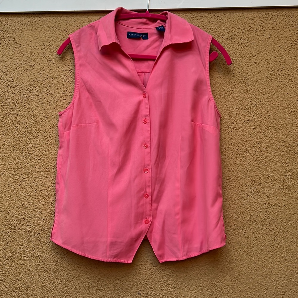 It’s a Karen Scott Pink Blouse Top and the style is Collar Button Sleeveless Top